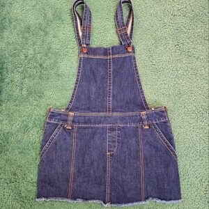 London Jeans Womens L Denim Blue Overalls Mini Skirt Adjustable Straps Y2K‎ Raw